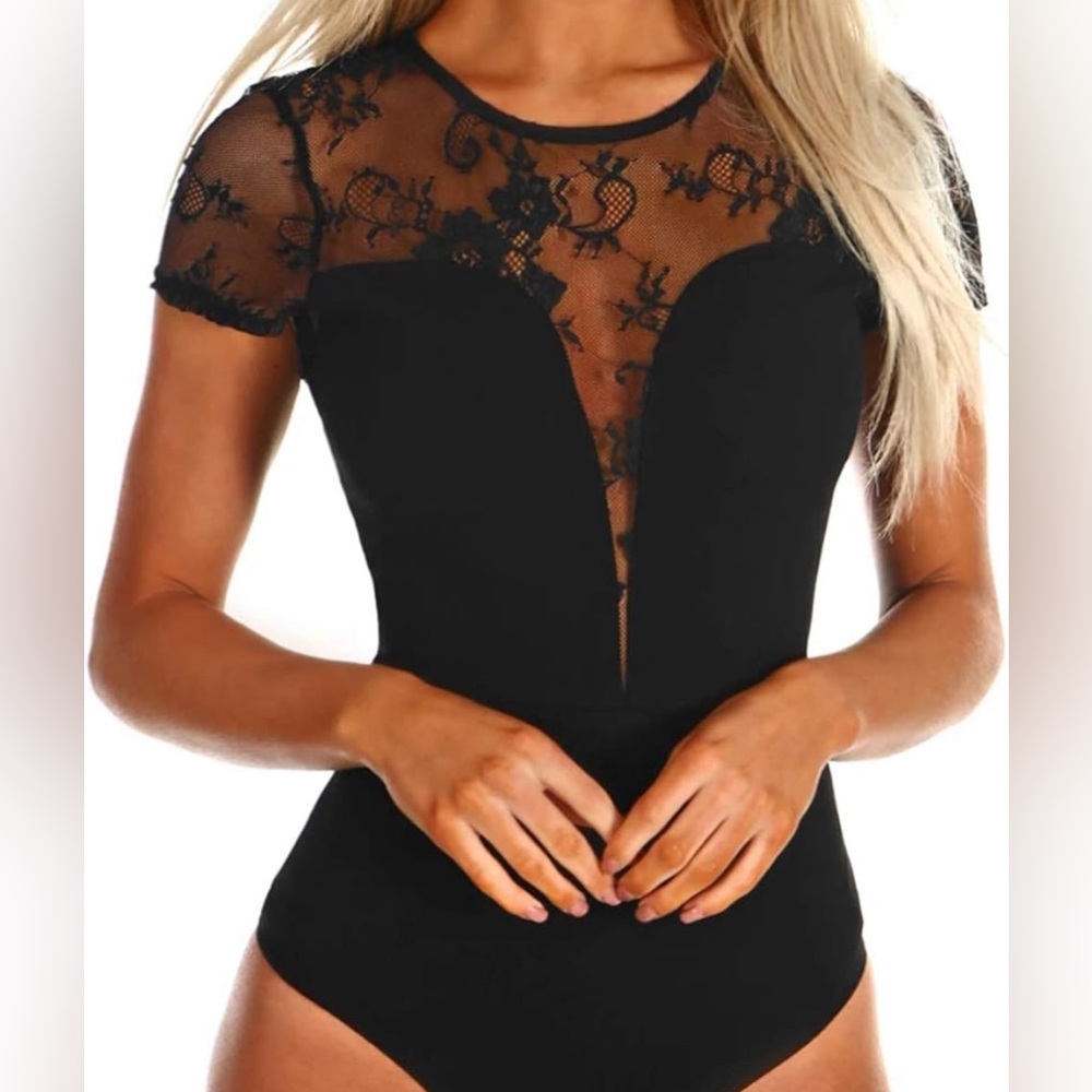 SEBOWEL Women Long Sleeves Mesh See Through Jumpsuit Bodysuit Top Leotard